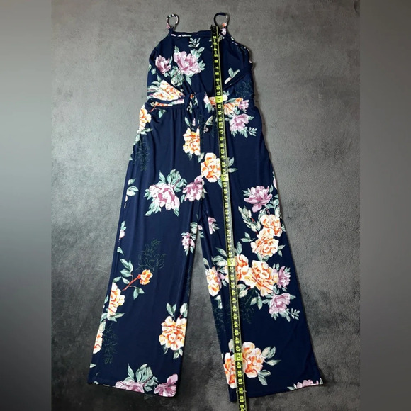 NWT Maurices Size L Navy Blue Floral Tie Wrap Fall Brunch Jumpsuit - Picture 2 of 10